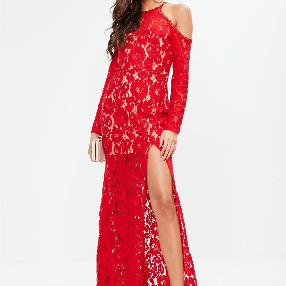 red lace cold shoulder maxi dress